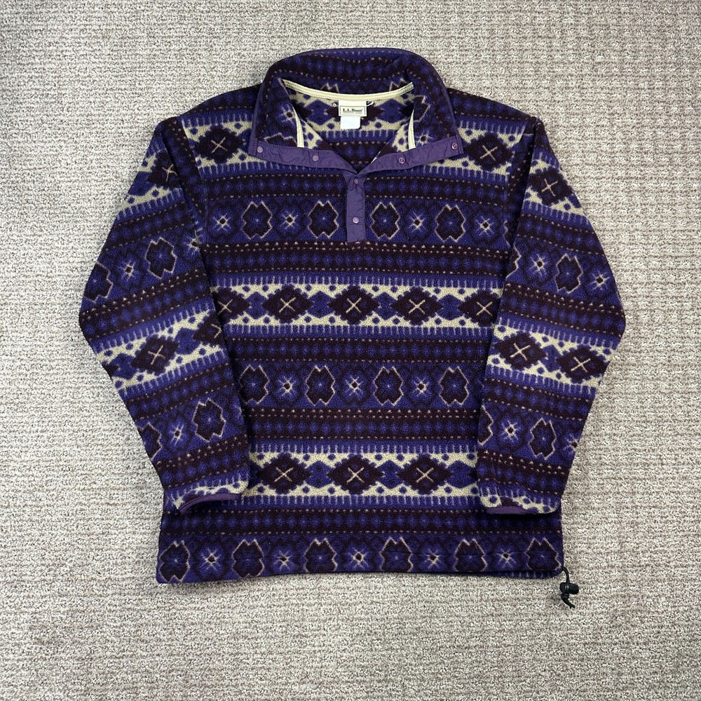 Vintage LL Bean Purple Geometric Fair Isle Fleece Snap Pullover Women Medium